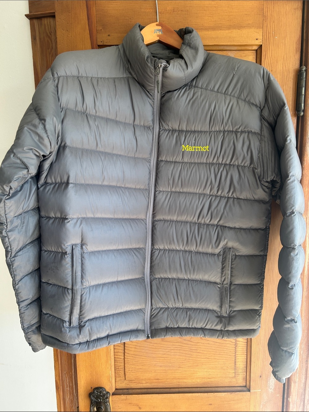 Marmot Gray Puffer Jacket with Lime Logo